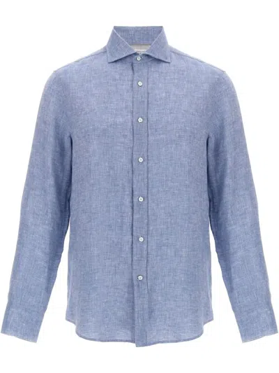 Brunello Cucinelli Men Linen Easy Fit Shirt With Spread Collar In Blue