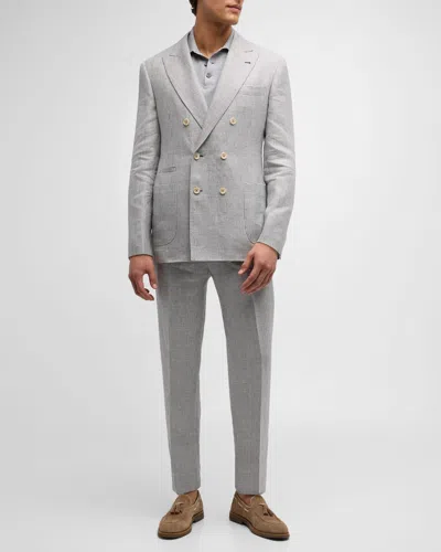 Brunello Cucinelli Men's Linen Houndstooth Double-breasted Suit In Grey/white