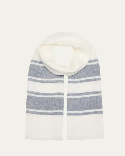 Brunello Cucinelli Men's Linen Multi-stripe Scarf In White Blue