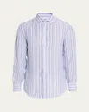 Brunello Cucinelli Men's Linen Multi-stripe Sport Shirt In Denim And White