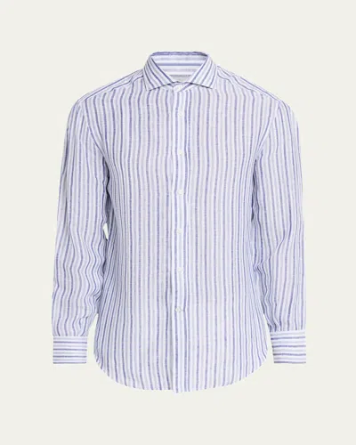 Brunello Cucinelli Men's Linen Multi-stripe Sport Shirt In Denim And White