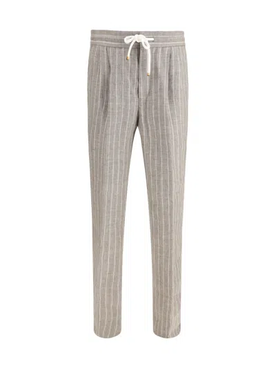 Brunello Cucinelli Men Linen Pinstriped Twill Pants In Gray