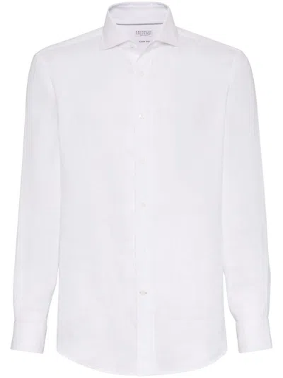 Brunello Cucinelli Button-down Collar Cotton Shirt With Curved Hem In White