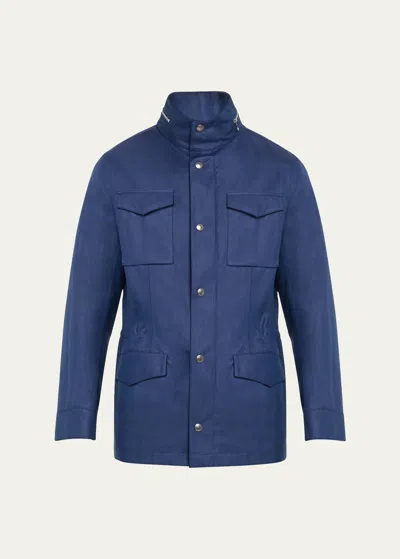 Brunello Cucinelli Men's Linen-silk Concealed Zip Safari Jacket In Blue