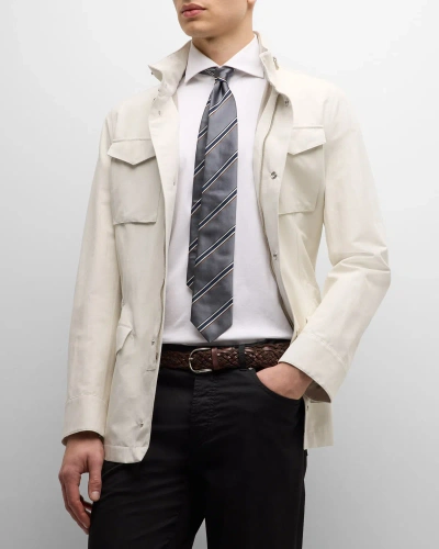 Brunello Cucinelli Men's Linen-silk Concealed Zip Safari Jacket In Ecru