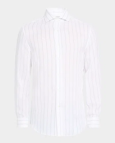 Brunello Cucinelli Men's Linen Stripe Casual Button-down Shirt In White And Denim