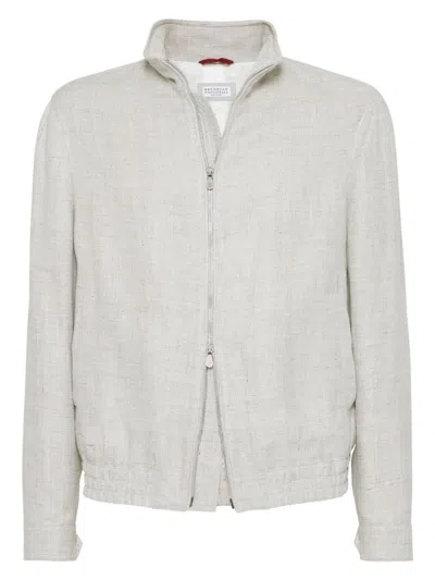 BRUNELLO CUCINELLI MEN'S LINEN, WOOL AND SILK DIAGONAL BOMBER JACKET