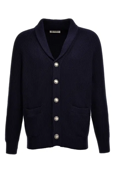 Brunello Cucinelli Shawl-collar Ribbed Cotton Cardigan In Blue