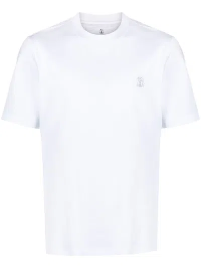 Brunello Cucinelli Men Cotton Jersey Crew-neck T-shirt With Logo And Faux-layering In White