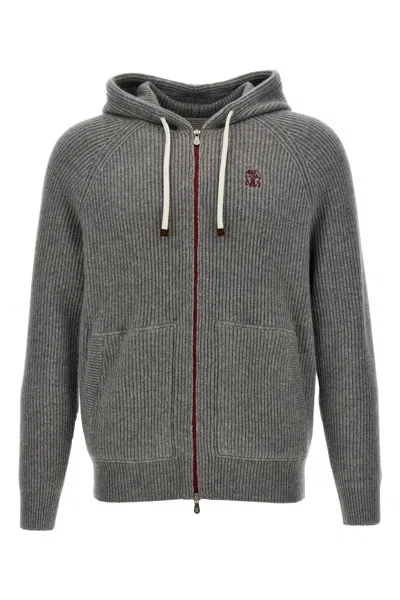 Brunello Cucinelli Men Logo Embroidered Hooded Cardigan In Gray