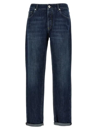 Brunello Cucinelli Men Logo Embroidery Jeans In Blue