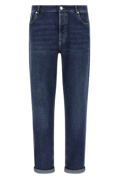 Brunello Cucinelli Men Logo Embroidery Stretch Jeans In Blue