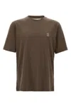 Brunello Cucinelli Printed Logo Crew Neck T-shirt With Side Slits In Brown