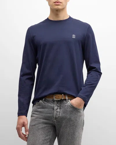 Brunello Cucinelli Men's Long-sleeve Logo Crewneck T-shirt In Cobalt/grey