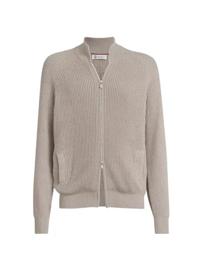 Brunello Cucinelli Cashmere And Silk High-neck Cardigan With Zipper In Brown