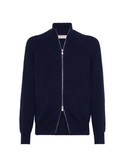 Brunello Cucinelli Cashmere High-neck Cardigan With Zipper In Blue