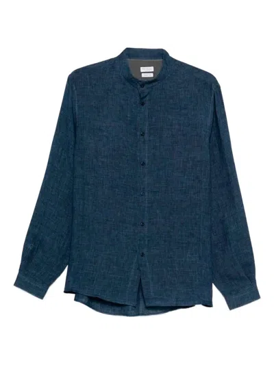 Brunello Cucinelli Men Mandarin Collar Shirt In Blue