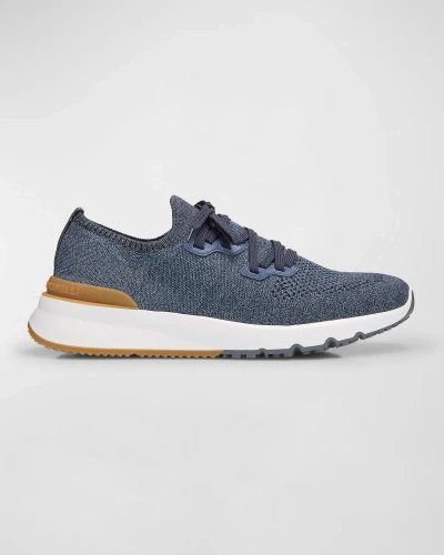 Brunello Cucinelli Slip-on Sneakers In Knitted Fabric With Melange Effect And Contrasting Color Sole In Light Blu