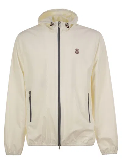 Brunello Cucinelli Men Membranated Nylon Jacket With Logo And Hood In White