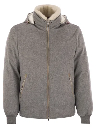 Brunello Cucinelli Men Membranated Wool Flannel Down Jacket With Shearling-lined Collar In Gray
