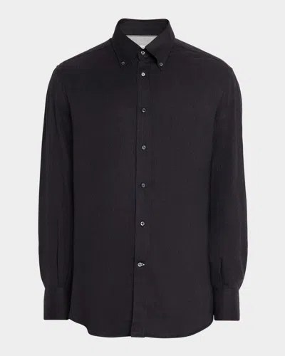 Brunello Cucinelli Men's Micro-chevron Button-collar Sport Shirt In Black