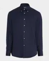 Brunello Cucinelli Men's Micro-chevron Button-collar Sport Shirt In Blue