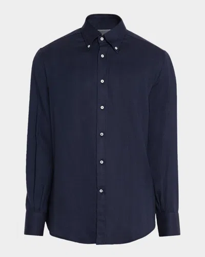 Brunello Cucinelli Men's Micro-chevron Button-collar Sport Shirt In Blue