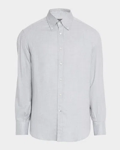 Brunello Cucinelli Men's Micro-chevron Button-collar Sport Shirt In Gray
