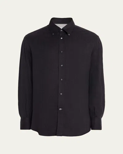 Brunello Cucinelli Men's Micro-chevron Button-collar Sport Shirt In Gray