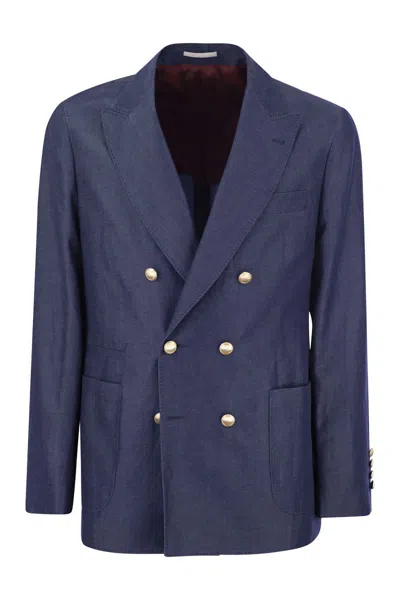 Brunello Cucinelli Men's Navy Blue Linen-wool Blend Double-breasted Denim Jacket For Ss24