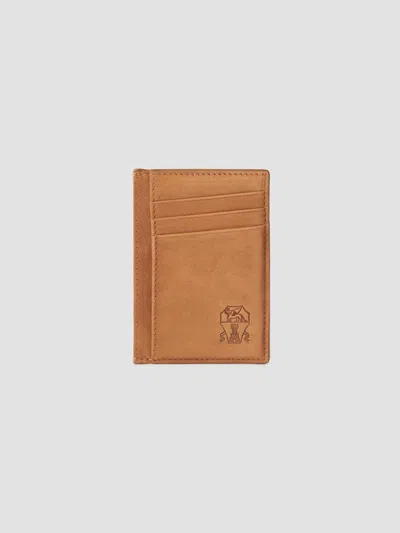 Brunello Cucinelli Men's Nubuck Card Holder In Cognac