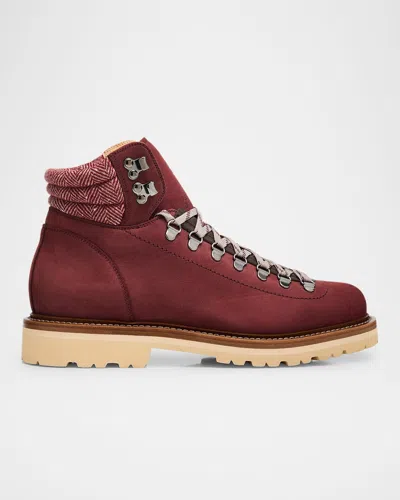 BRUNELLO CUCINELLI MEN'S NUBUCK FABRIC-COLLAR HIKING BOOTS