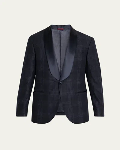 Brunello Cucinelli Men's Overplaid Satin Shawl-lapel Sport Coat In Blue