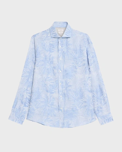 Brunello Cucinelli Men's Palm-print Casual Button-down Shirt In Light Blue