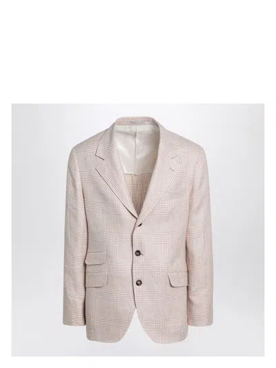 BRUNELLO CUCINELLI MEN'S PAPAYA-COLORED PRINCE OF WALES JACKET