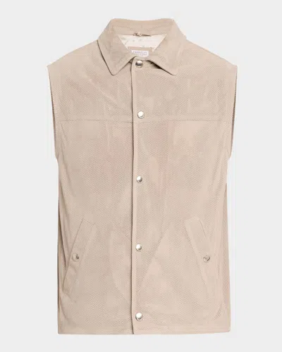 Brunello Cucinelli Men's Perforated Suede Snap-front Vest In Beige