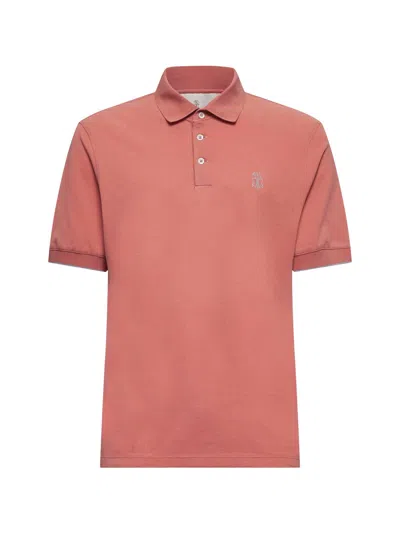 Brunello Cucinelli Men Pink Cotton Pique Logo Polo Shirt In Brown