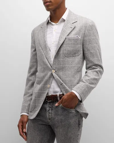 Brunello Cucinelli Men's Plaid-print Wool Sport Coat In Pearl Grey