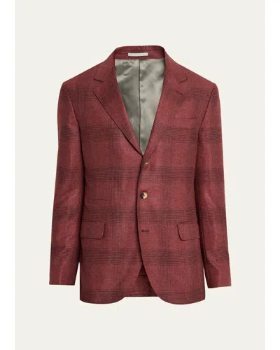 Brunello Cucinelli Men's Plaid Wool-cashmere Single-breasted Sport Coat In Burgundy