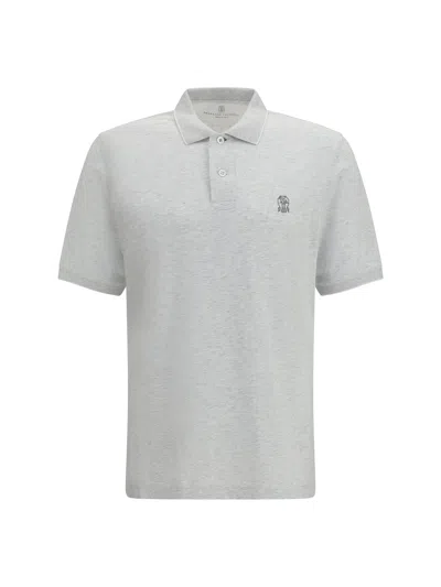 Brunello Cucinelli Men Polo In Cotton Jersey With Short Sleeves In Gray