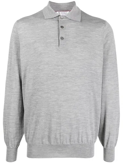 Brunello Cucinelli Men Polo-style Lightweight Sweater In Gray