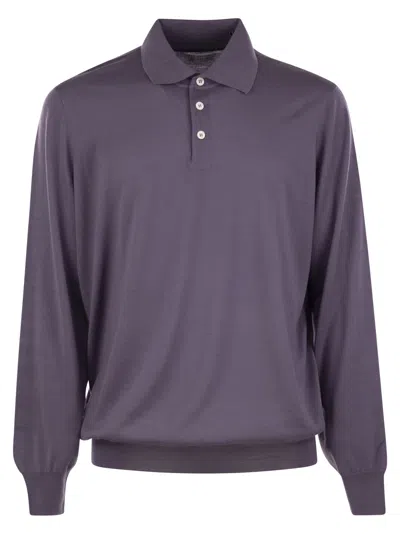 Brunello Cucinelli Men Polo Style Sweater In Iris+ciottolo