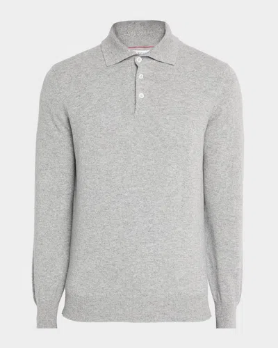 Brunello Cucinelli Men's Premium Cashmere Polo Sweater In Gray