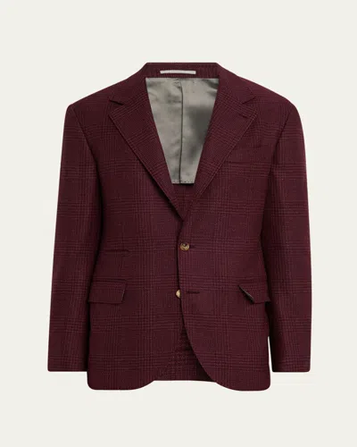 Brunello Cucinelli Men's Prince Of Wales Cashmere Jacket In Burgundy