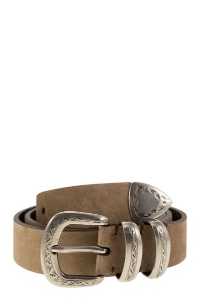 Brunello Cucinelli Men's Reverse Calfskin Belt With Machined Buckle And Toecap In Beige