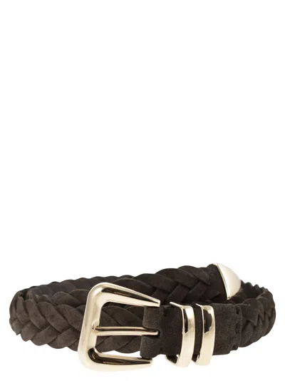 Brunello Cucinelli Men Reversed Calfskin Belt With Braided Tip In Brown