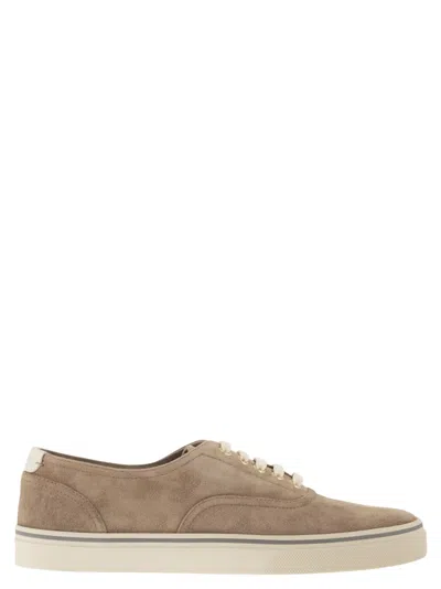Brunello Cucinelli Men Reversed Calfskin Trainers In Neutral