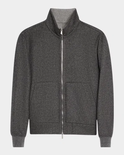 BRUNELLO CUCINELLI MEN'S REVERSIBLE CASHMERE PLAID FULL-ZIP BOMBER JACKET