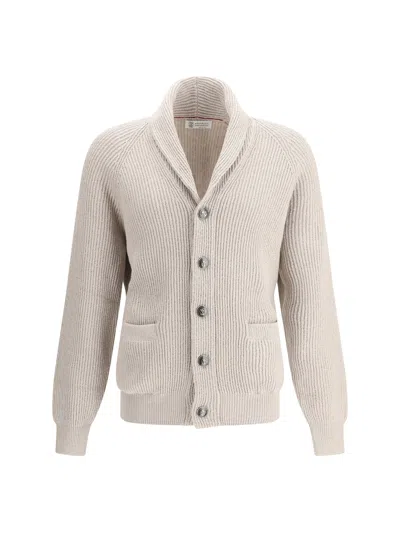 Brunello Cucinelli Shawl-collar Ribbed Cotton Cardigan In Gray