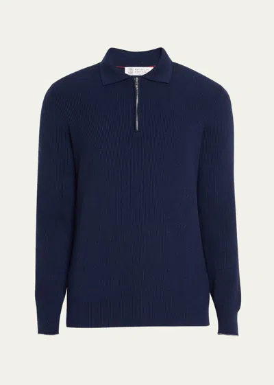 Brunello Cucinelli Men's Ribbed Cashmere Zip Polo Sweater In Deep Blue